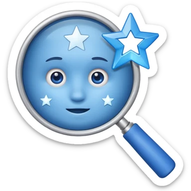 A blue left hand holding a magnifying glass which is showing blue stars sticker