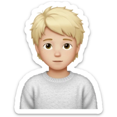 create-a-look-for-a-blond-boy-with-long-tousled-hair-light-eyes-a-white-sweat + fluffy white sweater + styled hair blonde with hair to the side cute + cute face with freckles  medium hair fluffy to the side no long hair cute hair blonded no messy medium height sticker