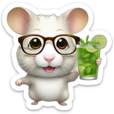 hamster with glasses running on a wheel drinking mojito sticker