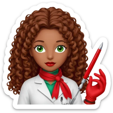 Lilith scalpel in hand, evil surgeon sexy surgeon clothes.  She has green  eyes. She brown long curly hair. Wears sexy doctor outfit with red gloves. Outfit is also red. hair is free and brown. Hides face by using a red scarf sticker