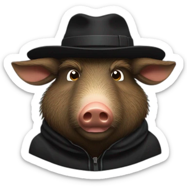 fullface wild brown boar tired of life with stubble in a black jacket and a black winter hat sticker