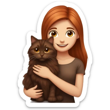 Copper red straight haired happy girl with dark  brown eyes hugging a fluffy dark brown Siberian cat sticker