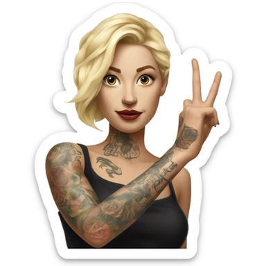 Blonde elegant women, her Body Covered with Tattoos, POINTING to YOU FORWARD with her ONE HAND , Hyper realistic sticker