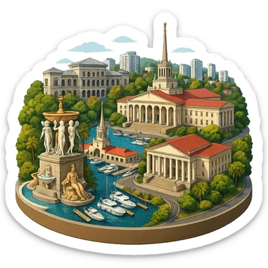 Изометричная, яркая, детализированная и фотореалистичная иллюстрация панорамы города Cочи на круглой подставке в стиле 3D-коллажей городов, здание Морского Порта, Зимний театр, Санаторий имени С. Орджоникидзе, море, причал, яхты чёткие линии, слегка мультяшная стилистика, прозрачный фон, не обрезать края картинки sticker