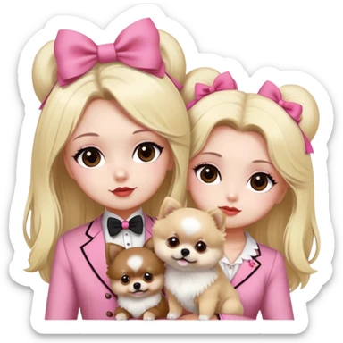 blonde girl old money outfit brown eyes with his husband white skin black hair and brown eyes with two pomeranian baby 1 white and another red brown with pink bow for the dogs sticker