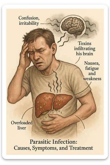 "Man feeling increasingly unwell as his liver fails to filter toxins, nausea, tiredness, and weakness overwhelming him as toxins infiltrate his brain causing confusion and irritability Parasitic Infection: Causes, Symptoms & Treatment, expression of mental fog and physical exhaustion, liver shown as overworked organ with reduced filtration capacity, toxic buildup affecting entire body systems" in italiano sticker