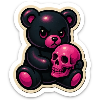 gothic teddy bear with black and pink color scheme, bear holding a pink skull, retro stickers style sticker