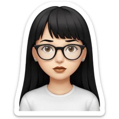 uma mulher snapchat icon, cor da pele normal, cabelo preto liso grande, solto grande com franja vegana, franja inteira curta, óculos pretos, com piercing na boca e nariz, olhos castanhos, camisa branca, a tela de fundo branca, coloque um brinco na boca e no nariz sticker