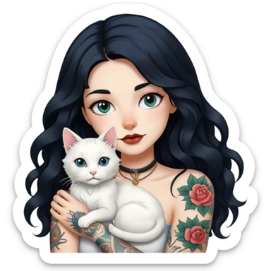 girl with long wave black hair and tattoos and a white cat sticker