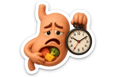 EMOJI STILE IPHONE 3D DI UNo stomaco umano con espressione dolornate, ha del cibo visibile dentro che non sta digerendo. in mano tiene un orologio da muro, iperrealistico 4k sticker