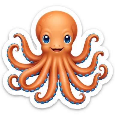Cinematic Cute smiling Octopus Portrait Emoji, Head tilted playfully and inquisitively, featuring a rounded, light orange body embellished with playful blue rings, eight adorably curling arms, and big, twinkling eyes full of wonder, Simplified yet irresistibly adorable features, highly detailed, glowing with a warm, inviting underwater glow, high shine, affectionate and lively, stylized with a touch of whimsical cartoon charm, soft glowing outline, capturing the essence of a mischievous yet loving octopus that seems as if it could bob out of the screen into your arms! sticker