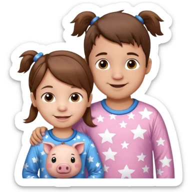 A toddler girl with brown hair with two pig tails, wearing pink pajamas with white stars on them. With a 4 year old boy with spikey brown hair, wearing blue pajamas with white stars on them. Both light skin and smiling. sticker