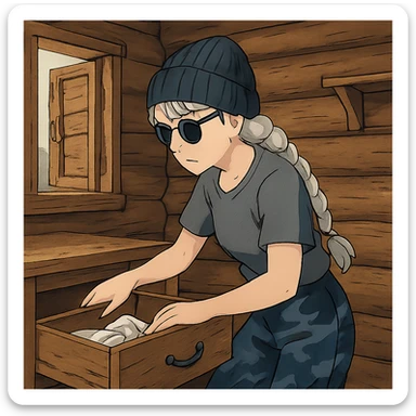 1 female, long white braid, knit cap, dark sunglasses, GRAY T-SHIRT, blue camo pants, LOOTING A CABIN, OPENING A DRAWER sticker