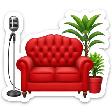 red velvet luxury loveseat with a mic in front and houseplant in back sticker