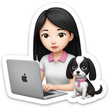 Blue back ground, Asian girl with long black hair , wearing a white t-shirt, working on an Apple laptop, next to her is a small black and white dog with pink collar on  sticker