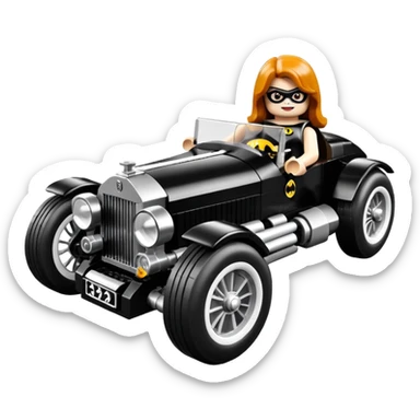 Batgirl’s Lego black Bare bones chopped streamlined sporty roadster (stripped down) hot street rodded engine sports car 1932 Rolls Royce Woody futuristic electric spaceship motors and lightning dynamos with wide racing wheels that are held strong by advanced suspension and steering sticker