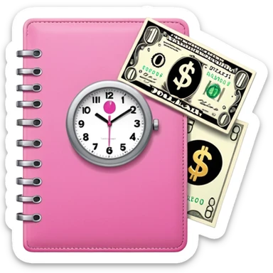 Libreta rosa, reloj blanco y un dolar sticker