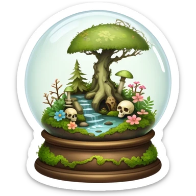 Mystical woodland glass-dome-terrarium-globe with moss inside, with bones inside, and flowers inside  sticker