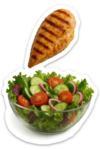 INSALATA CON PETTO DI POLLO GRIGLIATO CHE CADE DALL'ALTO, IPERREALISTICO 4K sticker