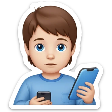toddler boy brown hair blue eyes, whit a list and a cell sticker