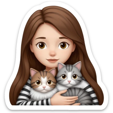 pretty girl with long brown hair snuggling 3 cats: grey and white, brown striped and black and white sticker