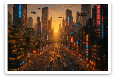 A stunning 4K ultra-detailed image of a gigantic futuristic city during golden hour, filled with thousands of people, busy streets packed with cars and buses, towering skyscrapers with glowing windows, vibrant neon signs, flying drones, and warm sunlight casting long shadows. Lush rooftop gardens and elevated walkways weave through the cityscape. A sense of life, motion, and scale—hyper-realistic, cinematic view from a high angle sticker