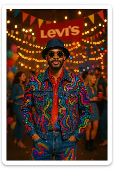 A fashionable man in dazzling, unique attire at a Levi's-themed party, featuring bold patterns, denim jacket, and lively party background. sticker