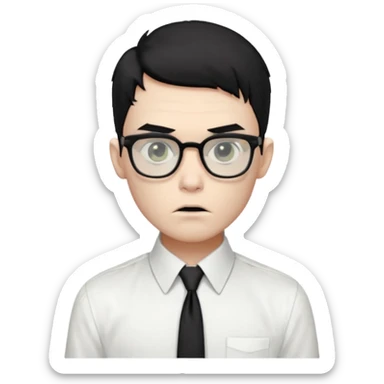 zombie boy black hair e cabelo curto quase careca com camisa social branca e gravata preta, com oculos de grau quadrado sticker