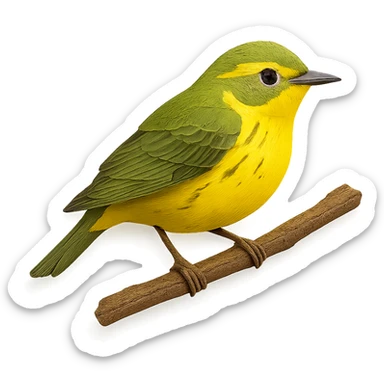 very detailed New World warbler perched on a tree branch, intricate cut paper textures, vibrant yellow and green feathers, realistic markings sticker