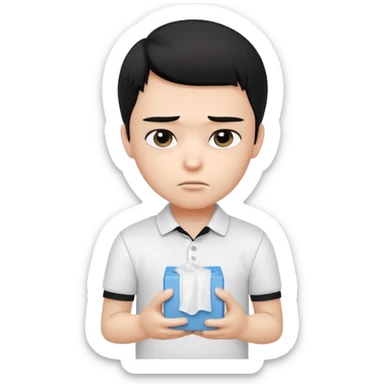generate a pretty bratz boy with black hair, wearing a white polo shirt. Looking sad, holding a box of tissues sticker