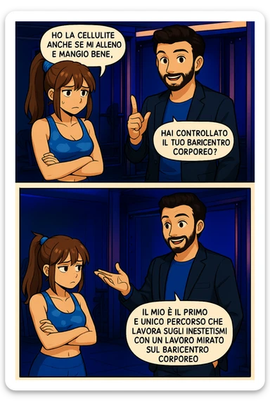 TRASFORMA QUESTO CAROSELLO IN UN FUMETTO STILE MANGA A COLORI CON QUESTE DUE PERSONE IDENTICHE CHE INTERLOQUISCONO TRA LORO:

LUI (UOMO): Smettila di continuare ad allenarti come hai sempre fatto perché, oltre ad inestetismi visibili, corri un aumentato rischio di:
    • dolori e rigidità diffuse
    • disturbi pavimento pelvico
    • stanchezza cronica o insonnia
    • pancia gonfia e reflusso (bruciore)
    • etc… sticker