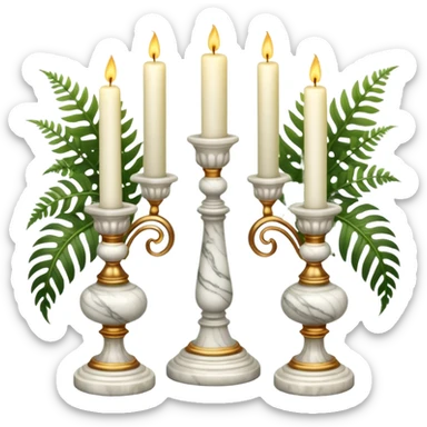 Aesthetic scenic beautiful gorgeous pretty elegant sparkly shiny scene of Candles white and with flowers and marble pedestals and lush vines and ferns sticker
