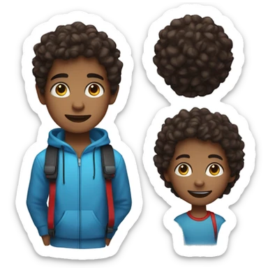 a young boy with headphones red and blue an dark brown curly hair and brown eyes and an small hoop eaing sticker