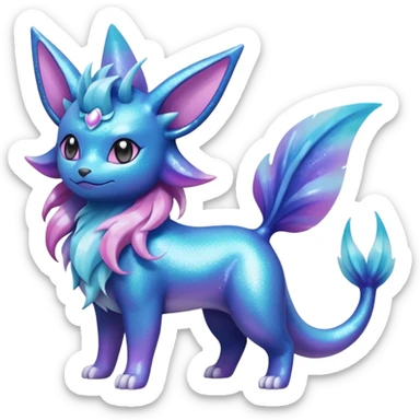 Magical pastel iridescent scaley blue-cyan-indigo-purple-violet-pink-gradients nebula shiny glittery Suicune-Vaporeon-Primarina-Amaura-Pokémon-Fakémon-fusion, full body sticker