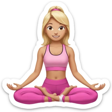 Mujer color de piel moreno claro con cabello rubio, usando un top rosa deportivo y leggins deportivo rosa en una pose de yoga, viendo hacia enfrente con ojos negros y sonriendo sin mostrar los dientes sticker