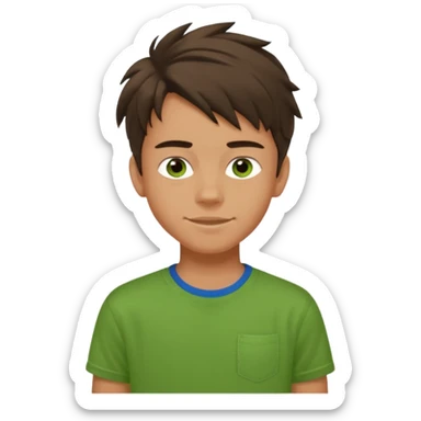 A 14 yerar old teenage boy, tanned, wearing a green t-shirt , blue jeans and green sneakers with dark brown tousled hair, smirking sticker