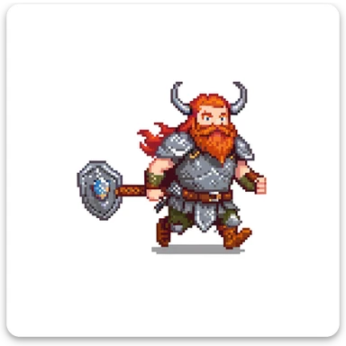 pixel art ginger viking with red beard and armor, running animation frame 1, legs wide apart sticker