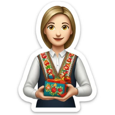 A female teacher in Ukrainian embroidery holds a gift in her hand sticker