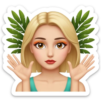 Girl with makeup on with palms facing eachother on each side of the face  sticker