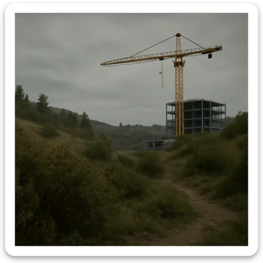  a scene amongst hills and bushes in the game DAYZ with a construction site and tall yellow crane in the background, screenshot, overcast day, videogame graphics, enfusion engine, arma 2 sticker