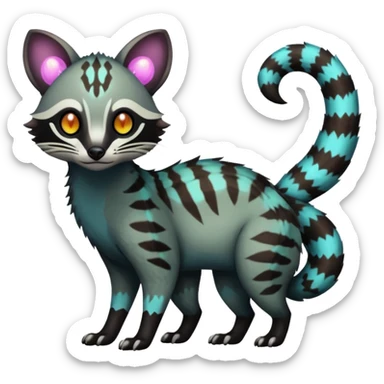 Rare warm-colored exotic edgy epic aesthetic gloomy spooky dark modern colorful cyber-Genet-Trico-Civet-species-Fakemon-hybrid-creature, with beautiful intricate markings, full body sticker