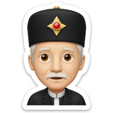 black suited old with fes hat sticker