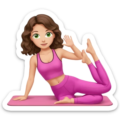 White, green-eyed, brunette cute feminine lady emoji with wavy hair doing pilates wearing pink pilates fit sticker