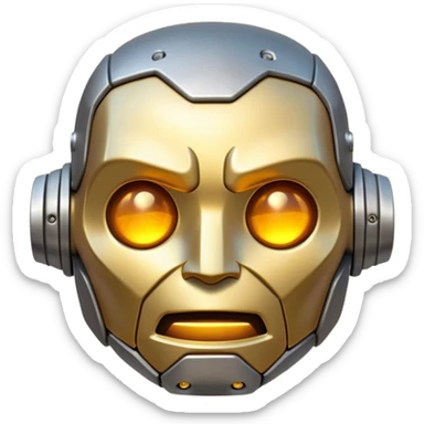 Cinematic Cute Mighty Iron Golem Portrait Emoji Head tilted playfully and inquisitively, featuring a sleek yet sturdy metal form with smooth, polished steel plating and glowing golden engravings, accented by faintly humming energy veins that pulse with life; rendered with lifelike clarity and soft, natural reflections, high shine, charming yet robust, styled with a touch of whimsical fantasy, soft glowing outline, capturing the essence of a watchful yet endearing golem, as if it might shift its massive head with a slow, thoughtful nod at any moment! sticker