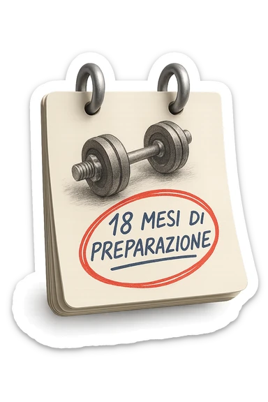 foglio di calendario con manubri da palestra disegnati e la scritta a penna "18 MESI DI PREPARAZIONE" CERCHIATA IN ROSSO, FALLO MOLTO REALISTICO IN 3D sticker