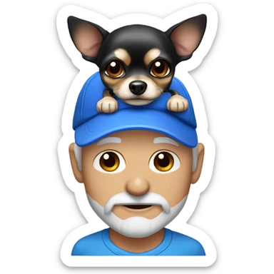 Old man with blue eyes goatee beard ball cap holding cute black long fur Chihuahua sticker