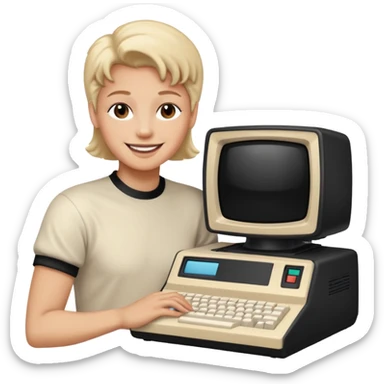 White and black 80s computer with face sticker