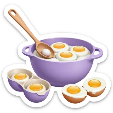 a lilac ceramic mixing bowl with a wooden spoon stirring and sitting next to it is a dozen eggs with the carton lid open sticker