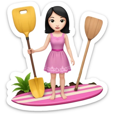 Princess who wearing dress (woman) black hair holding her cellphone and a garden shovel with another hand. She is standing on her feet, there is one pink surfing board. sticker