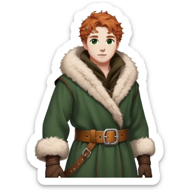 Medieval winter outfit worn by a DnD themed fantasy male character. Thick rustic brown wool tunic with arctic fox fur trim, adorned with hammered copper clasps and a heavy woven leather belt. Clothes only above the waist, full waist coverage. The character has no arms. Character is white-skinned with cinnamon colored hair, deep green eyes, and short curly hair dusted with winter frost. sticker